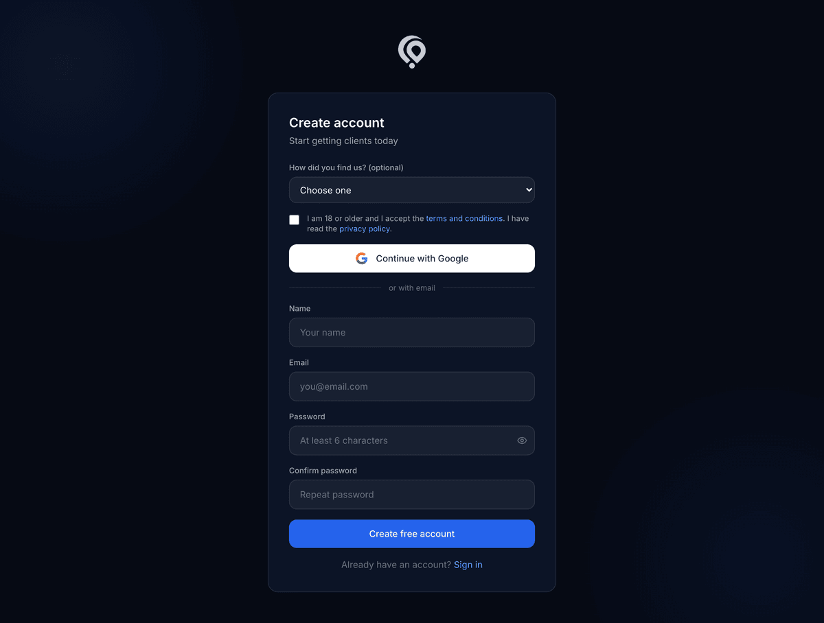 Sign-up page, with the terms checkbox.