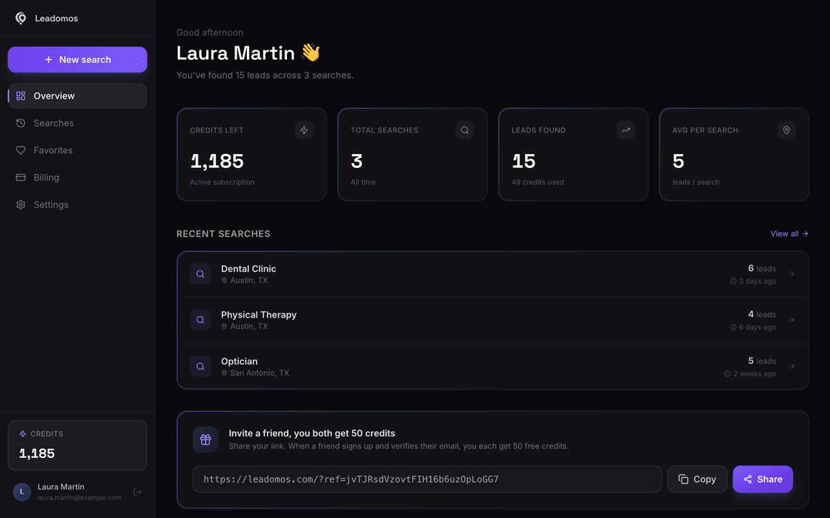 The dashboard, with the credit balance and the menu.