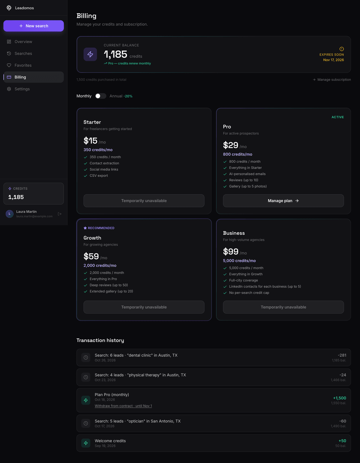 Billing: plans, balance and credit history.