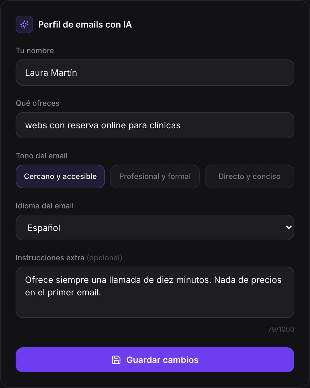 Perfil para la IA en Ajustes.