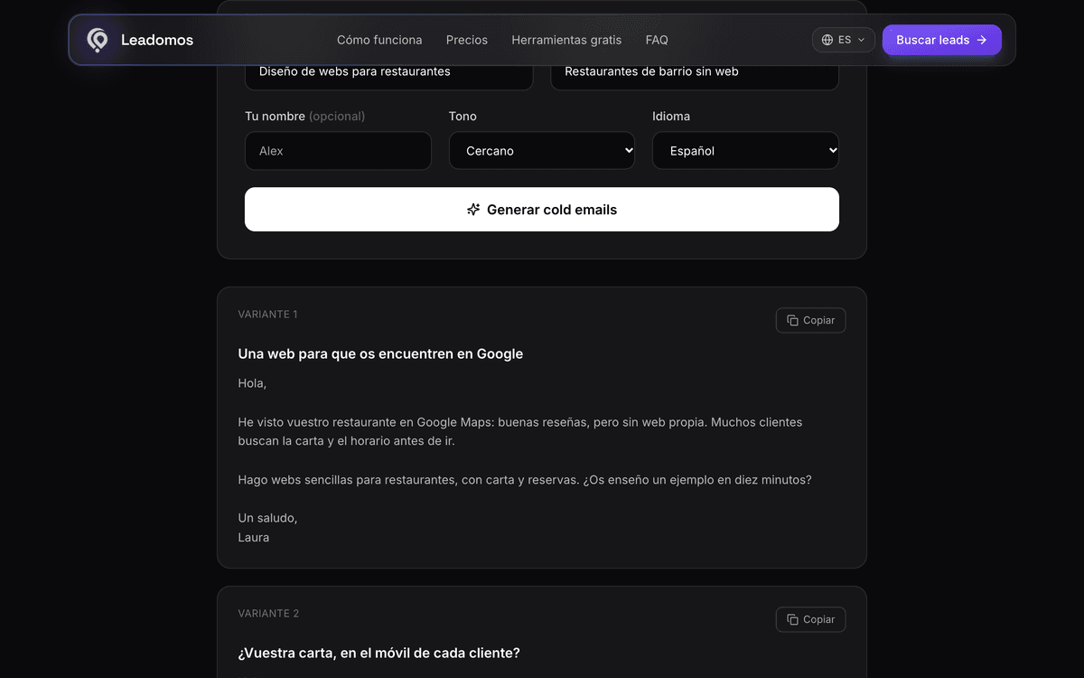 Generador gratuito de cold emails.