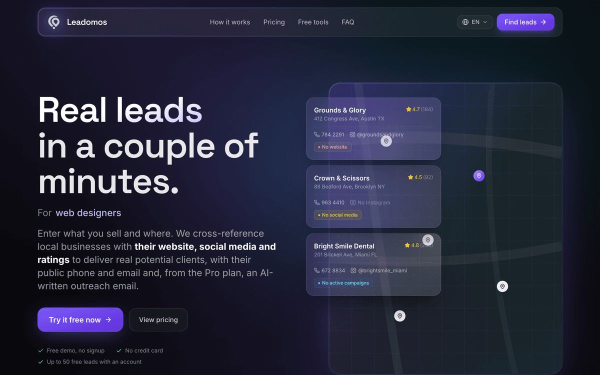 The leadomos.com home page.